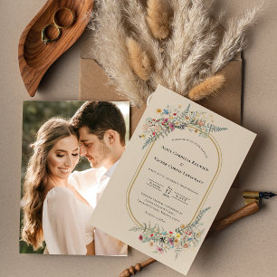 Boho Wildflower Fern Beige Wedding Photo Invitation