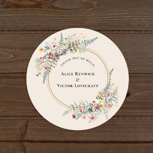 Boho Wildflower Fern Beige Wedding Thank You Favou Classic Round Sticker