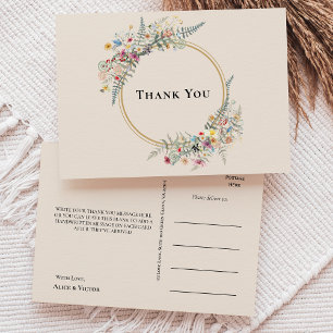 Boho Wildflower Fern Beige Wedding Thank You Postcard