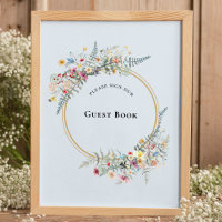 Boho Wildflower Fern Dusty Blue Guest Book Sign