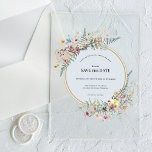 Boho Wildflower Fern Dusty Blue Save the Date Acrylic Invitations<br><div class="desc">This Boho Wildflower Fern Dusty Blue Save the Date Acrylic Invitations design is an elegant arrangement of classic gold geometric frames embellished with delicate boho floral greenery bouquets and stems. Featuring a palette of timeless light dusty blue on clear acrylic backgrounds with simple classic black typography and whimsical colourful wildflowers,...</div>