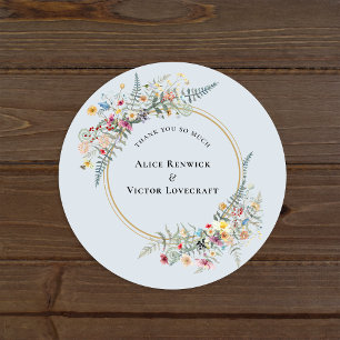 Boho Wildflower Fern Dusty Blue Thank You Favour Classic Round Sticker