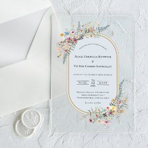 Boho Wildflower Fern Dusty Blue Wedding Acrylic Invitations