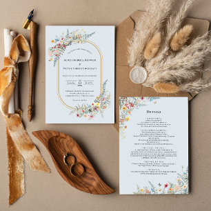 Boho Wildflower Fern Dusty Blue Wedding Details Invitation