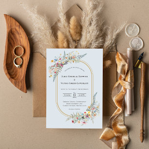 Boho Wildflower Fern Dusty Blue Wedding Invitation