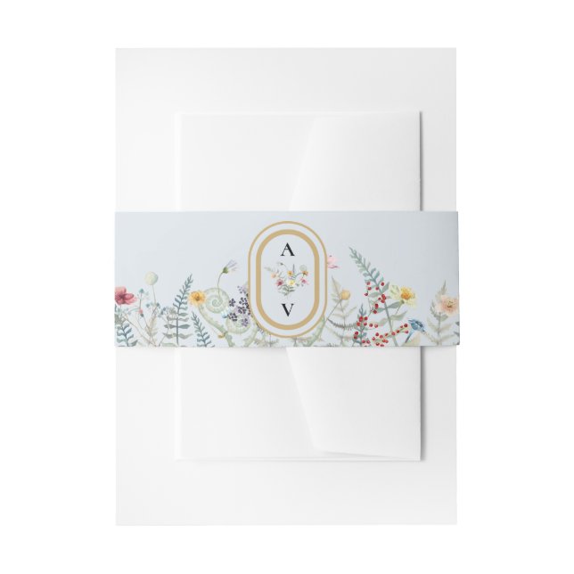Boho Wildflower Fern Dusty Blue Wedding Monogram Invitation Belly Band (Front Example)