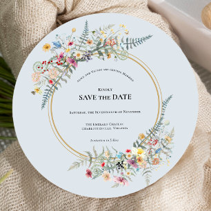Boho Wildflower Fern Dusty Blue Wedding Round Save The Date