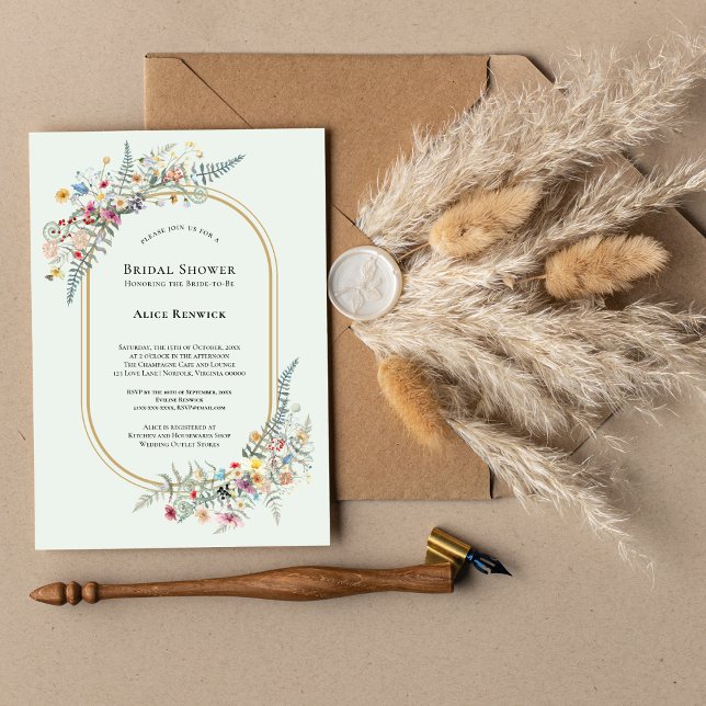 Boho Wildflower Fern Mint Green Bridal Shower Invitation (Creator Uploaded)
