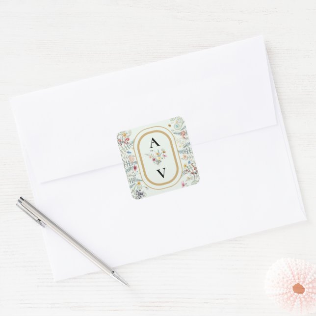 Boho Wildflower Fern Mint Green Monogram Favour Square Sticker (Envelope)