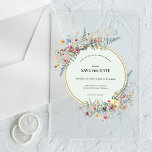 Boho Wildflower Fern Mint Green Save the Date Acrylic Invitations<br><div class="desc">This Boho Wildflower Fern Mint Green Save the Date Acrylic Invitaitons design is an elegant arrangement of classic gold geometric frames embellished with delicate boho floral greenery bouquets and stems. Featuring a palette of timeless light green mint on clear acrylic backgrounds with simple classic black typography and whimsical colourful wildflowers,...</div>