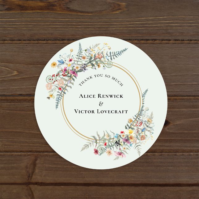 Boho Wildflower Fern Mint Green Thank You Favour Classic Round Sticker (Creator Uploaded)