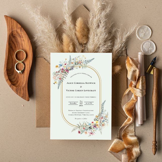 Boho Wildflower Fern Mint Green Wedding Invitation (Creator Uploaded)