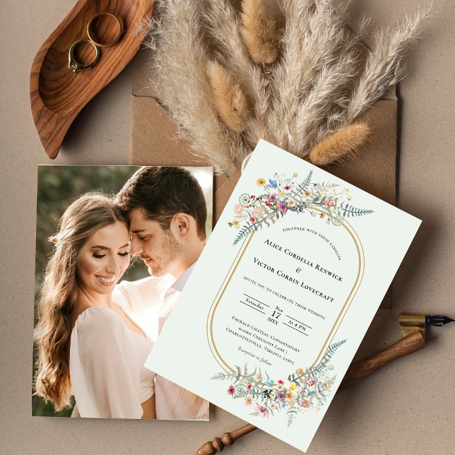 Boho Wildflower Fern Mint Green Wedding Photo Invitation (Creator Uploaded)