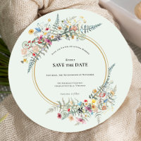 Boho Wildflower Fern Mint Green Wedding Round