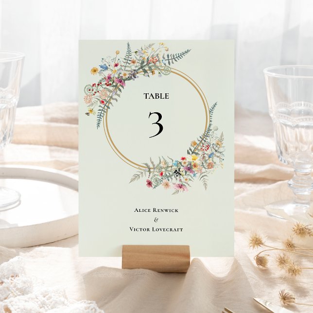 Boho Wildflower Fern Mint Green Wedding Table Number (Creator Uploaded)
