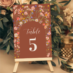 Boho Wildflower Floral Arch Burnt Orange Wedding Table Number