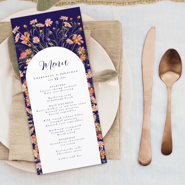 Boho Wildflower Floral Arch Fall Navy Blue Wedding Menu (Boho fall wildflower floral arch navy blue and white wedding menu card with Elegant script)
