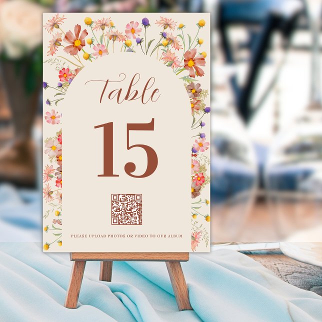 Boho Wildflower Floral Arch QR code Terracotta Table Number (Wildflower floral arch terracotta beige qr code custom wedding table number card boho rustic fall )