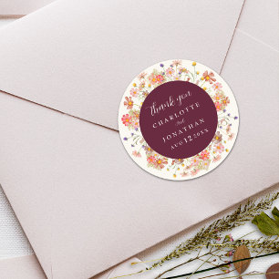 Boho Wildflower Floral Burgundy Wedding Thank You Classic Round Sticker