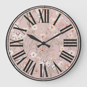 Boho Wildflower Floral Butterfly Large Clock