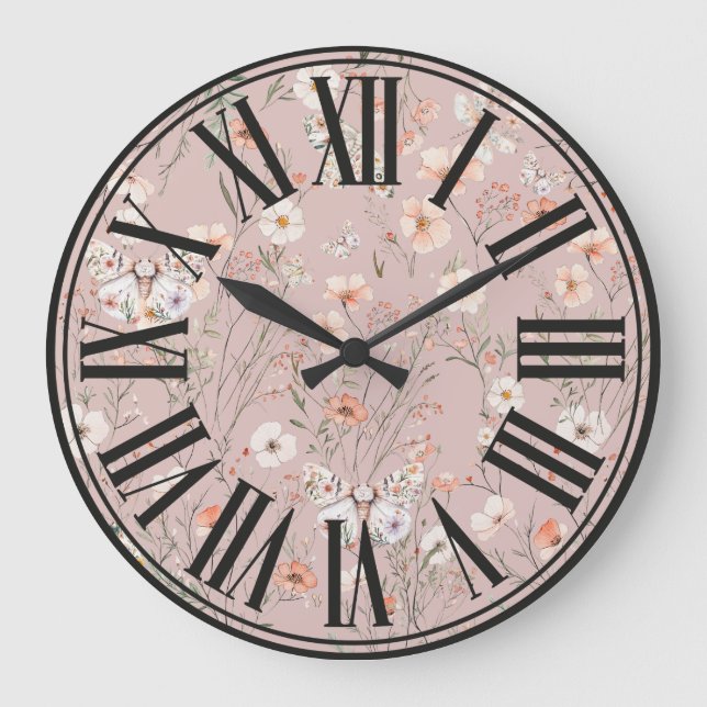Boho Wildflower Floral Butterfly Large Clock (Front)
