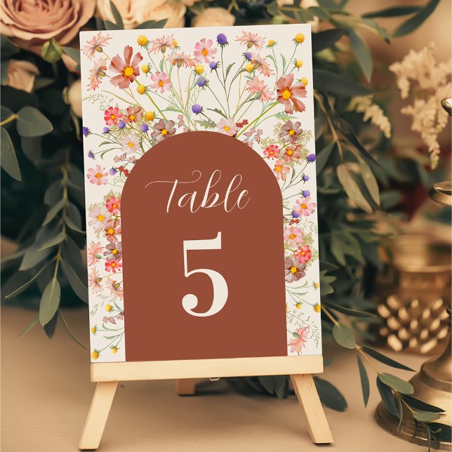 Boho Wildflower Floral Fall Burnt Orange Wedding Table Number (Boho fall rustic wildflower Floral arch elegant burnt orange and beige Wedding table number card)