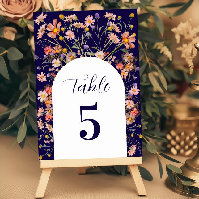 Boho Wildflower Floral Fall Navy Blue Wedding Table Number (Boho wildflower Floral arch navy blue and white Wedding table number card Elegant script)
