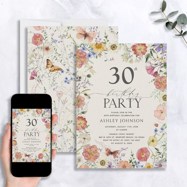 Boho Wildflower Floral Frame 30th Birthday Invitation (Creator Uploaded)