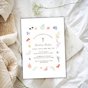Boho Wildflower Floral Frame Cross Baptism Invitation