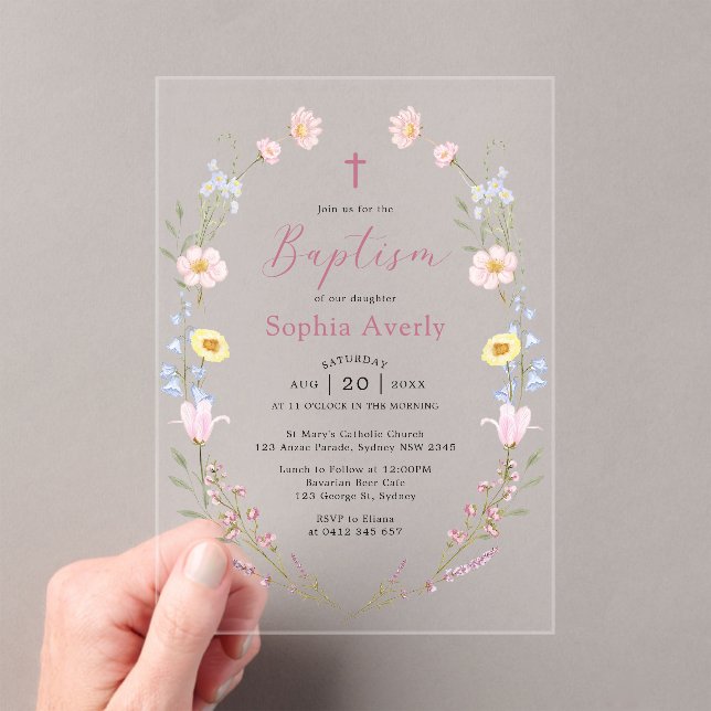 Boho Wildflower Floral Girl Baptism Acrylic Invitations (Insitu (Handheld))