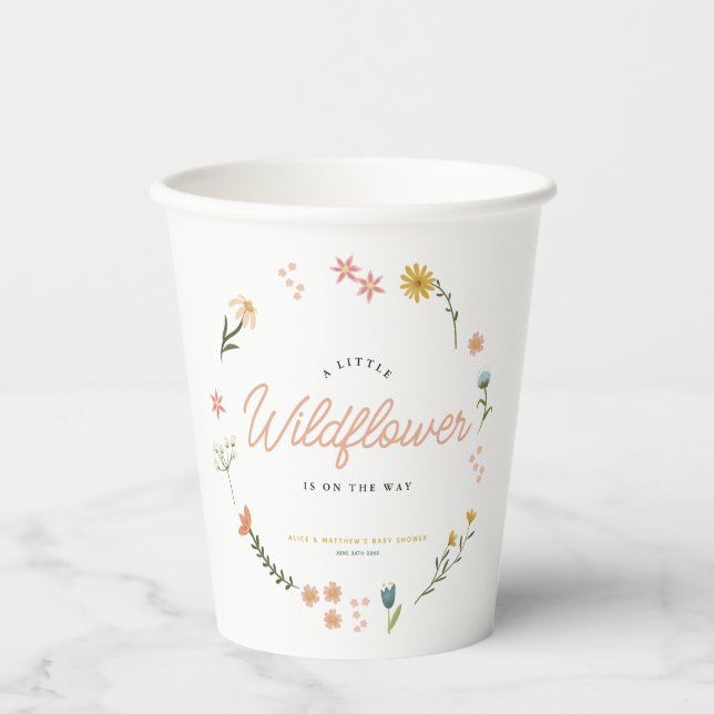 Boho Wildflower Floral Girls Elegant Baby Shower Paper Cups (Front)