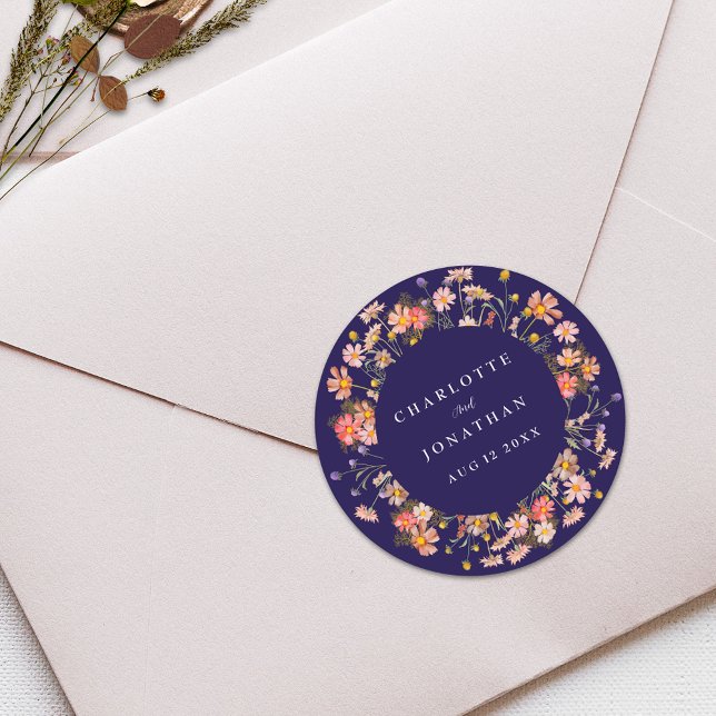 Boho Wildflower Floral Navy Blue Wedding Classic Round Sticker (Boho fall wildflower floral navy blue and white wedding sticker burnt orange Watercolor flowers)