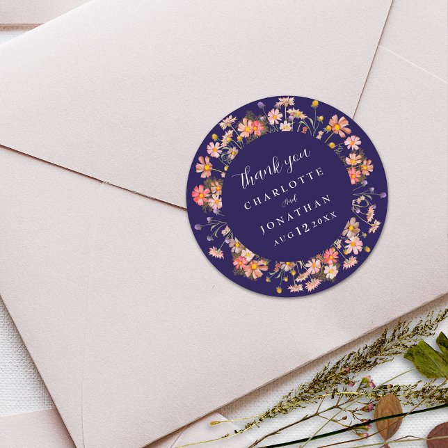 Boho Wildflower Floral Navy Blue Wedding Thank You Classic Round Sticker (Boho fall rustic wildflower floral navy blue white wedding thank you custom favor sticker Watercolor)