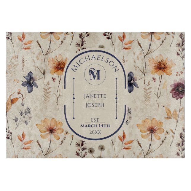 Boho Wildflower Floral  Personalised Wedding Gift  Cutting Board (Front)