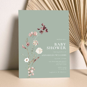 Boho Wildflower Floral Sage Green Baby Shower Invitation