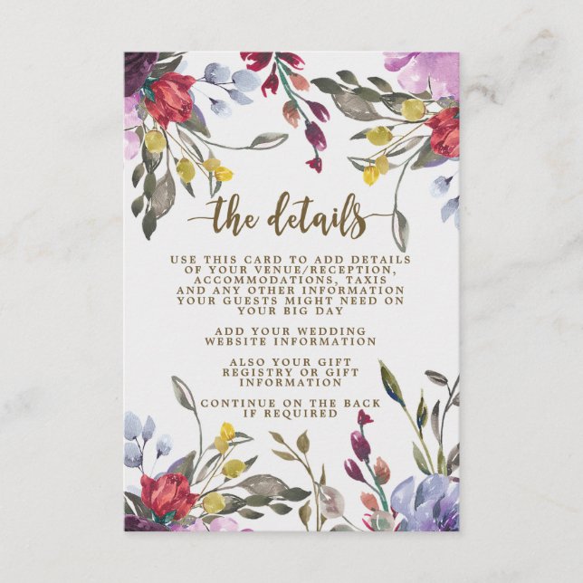 boho wildflower floral wedding information card (Front)
