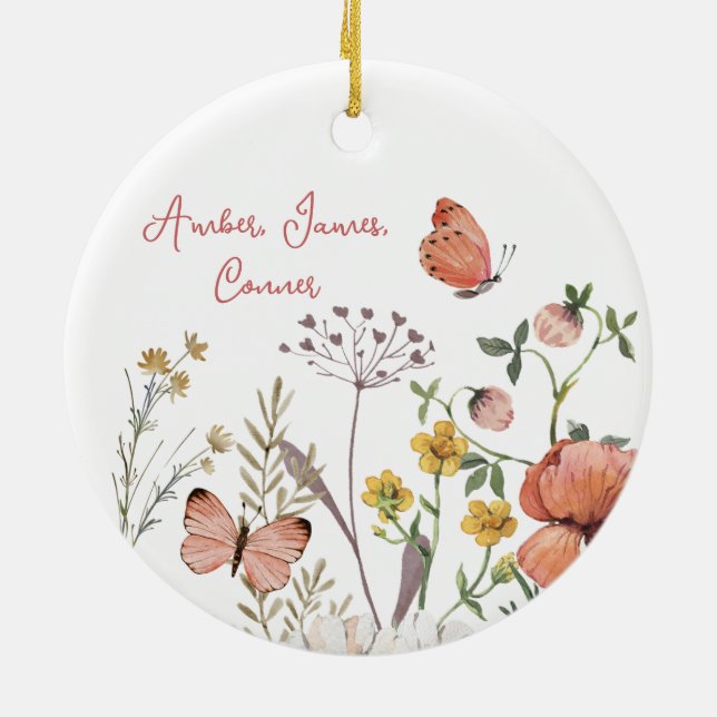 Boho Wildflower Flower Personalised Names Ceramic Tree Decoration (Back)