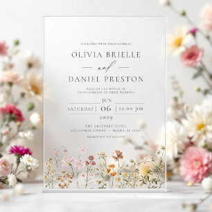 Boho Wildflower Garden Charcoal Grey Wedding Acrylic Invitations