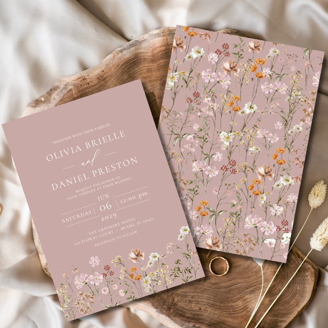  Boho Wildflower Garden Mauve Pink Wedding Invitation (Creator Uploaded)