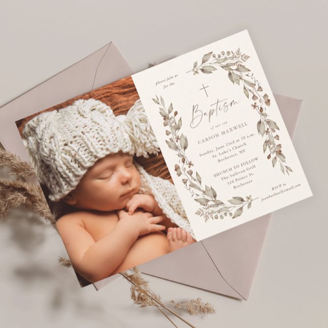 Boho Wildflower Gender Neutral Photo Baptism Invitation (Boho wildflower elegant ivory gender neutral photo baptism invitation.)