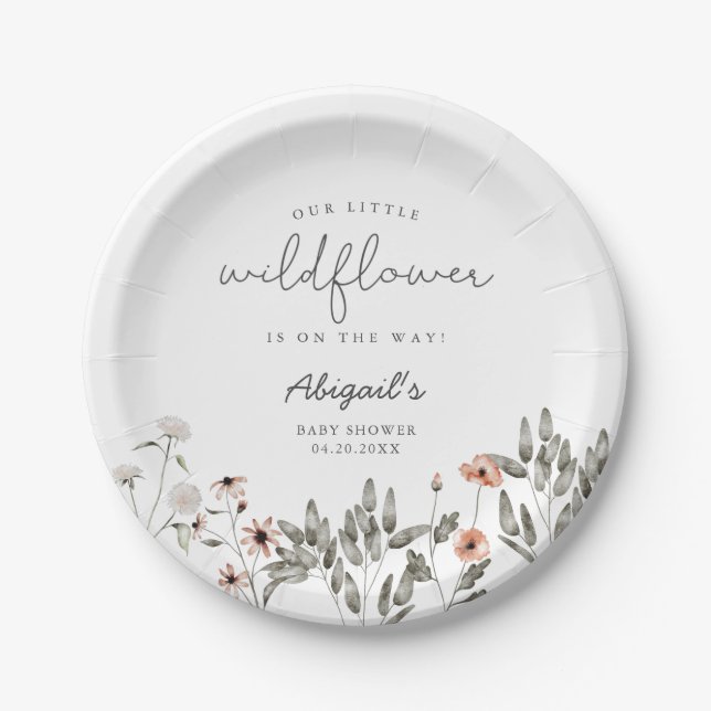 Boho Wildflower Girl Baby Shower Paper Plate (Front)