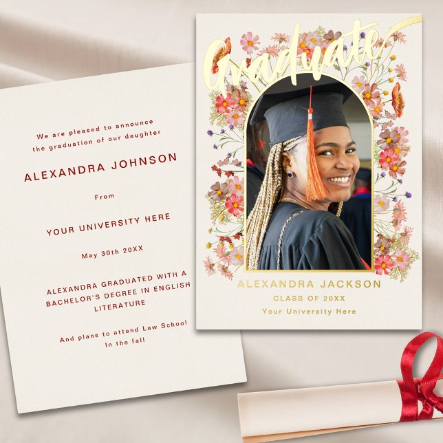 Boho Wildflower Grad Photo Elegant Script Gold (Boho wildflower Grad photo elegant script gold foil graduation announcement card)
