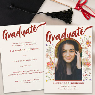 Boho Wildflower Graduate Photo Elegant Script Announcement