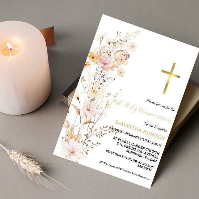 Boho Wildflower Grass  Girl First Holy Communion Invitation (Creator Uploaded)
