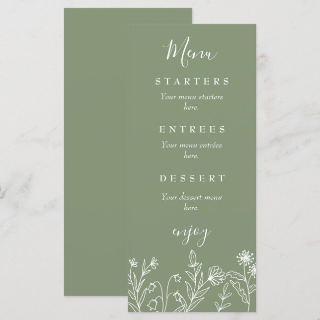 Boho wildflower green wedding menu (Front/Back)