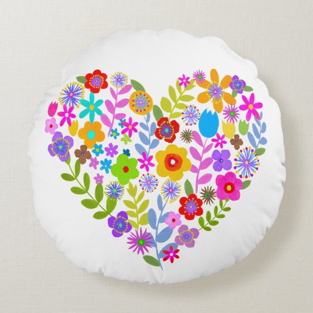 Boho Wildflower Heart Round Throw Pillow (Front)
