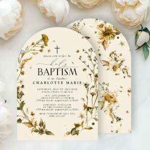 Boho Wildflower Holy Baptism Elegant Cross Floral  Invitation