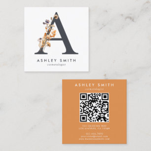 Boho Wildflower Initial A QR Code Square Business Card