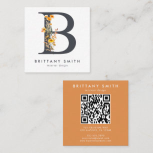 Boho Wildflower Initial B QR Code Square Business Card
