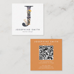 Boho Wildflower Initial J QR Code Square Business Card